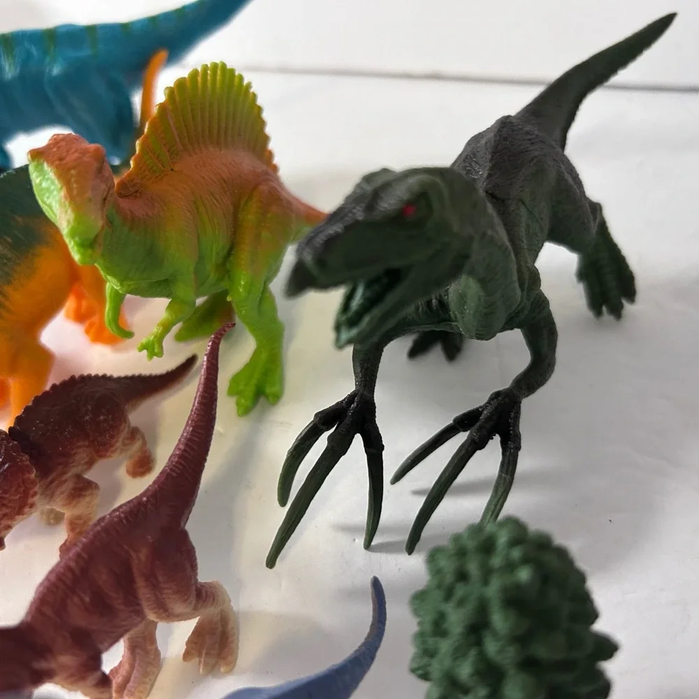 UsedAssorted Plastic Dinosaur Figures Lot of 9 with Tree Toy Prehistoric Animals